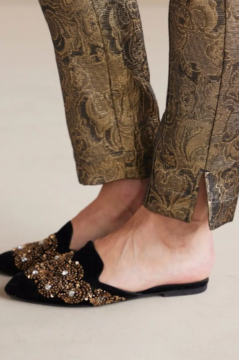 Pantalón Jacquard Nevina - Estampado Floral Dorado en Tejido Suave con Diseño Exclusivo