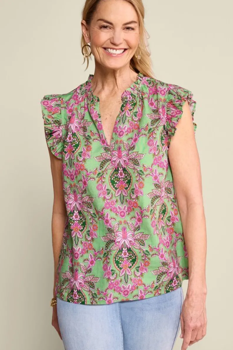Blusa ligera Paige en mezcla de lino - Estampado tropical con medallones bordados - Soft Surroundings
