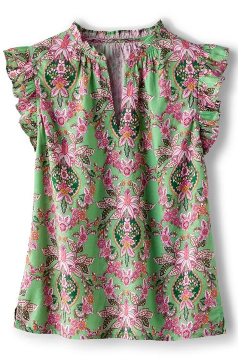 Blusa ligera Paige en mezcla de lino - Estampado tropical con medallones bordados - Soft Surroundings
