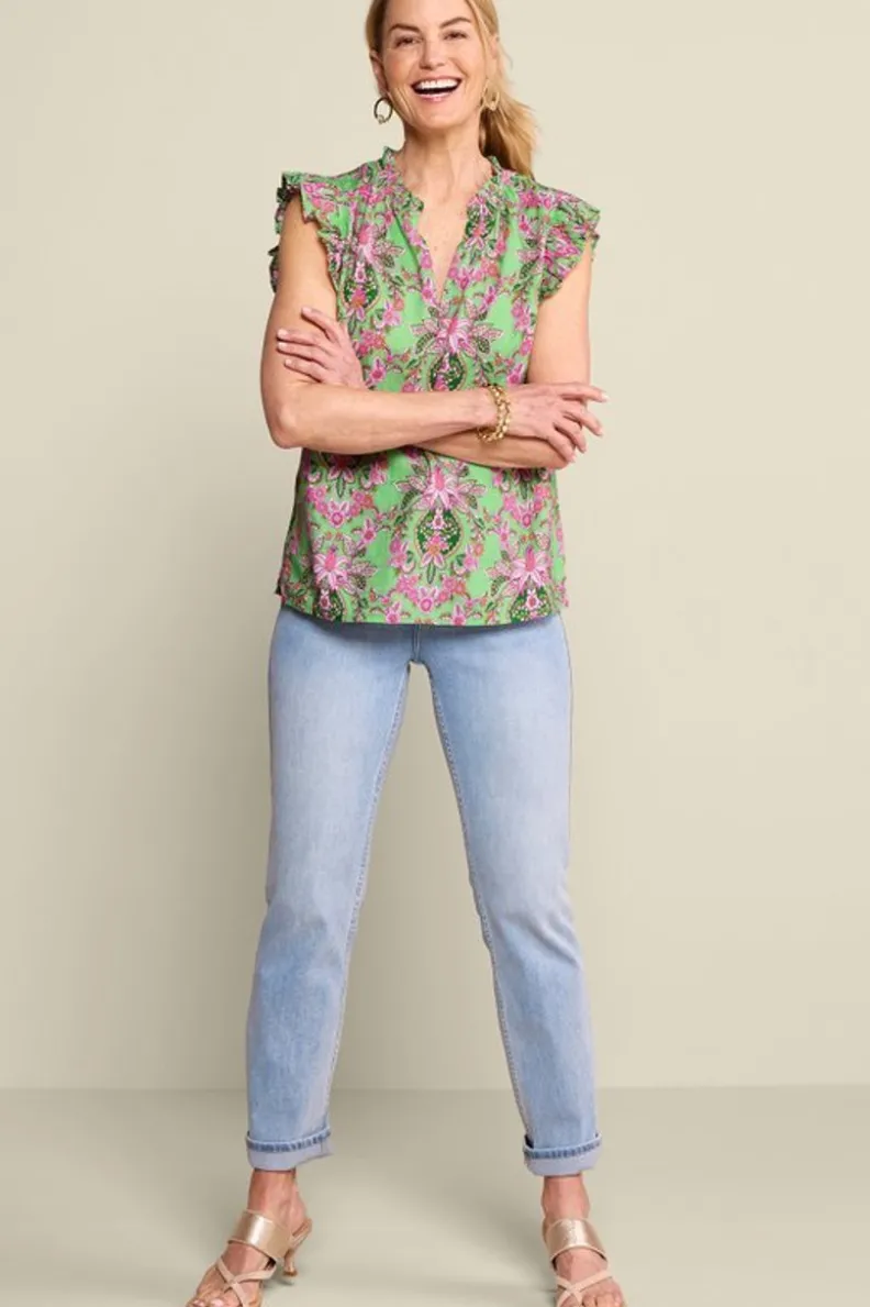 Blusa ligera Paige en mezcla de lino - Estampado tropical con medallones bordados - Soft Surroundings