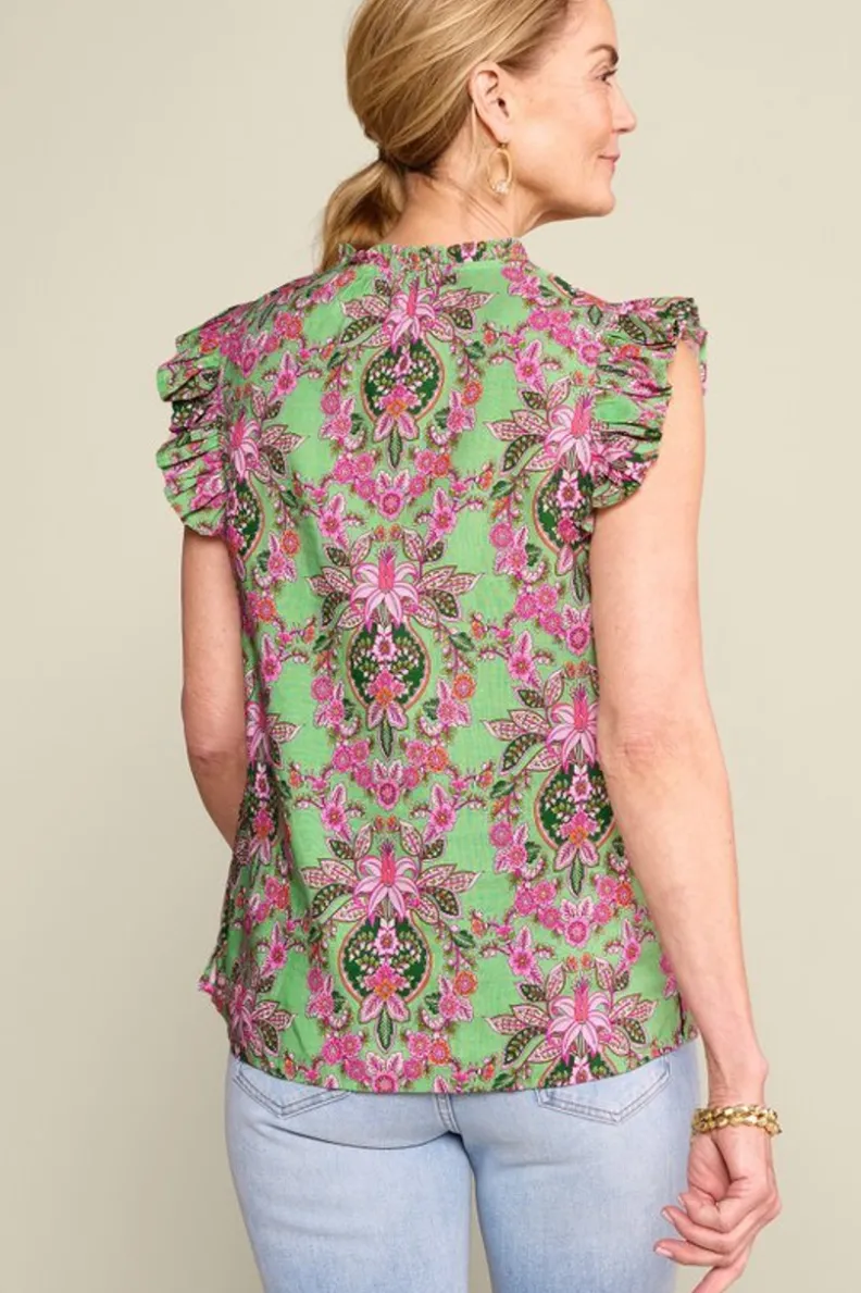 Blusa ligera Paige en mezcla de lino - Estampado tropical con medallones bordados - Soft Surroundings