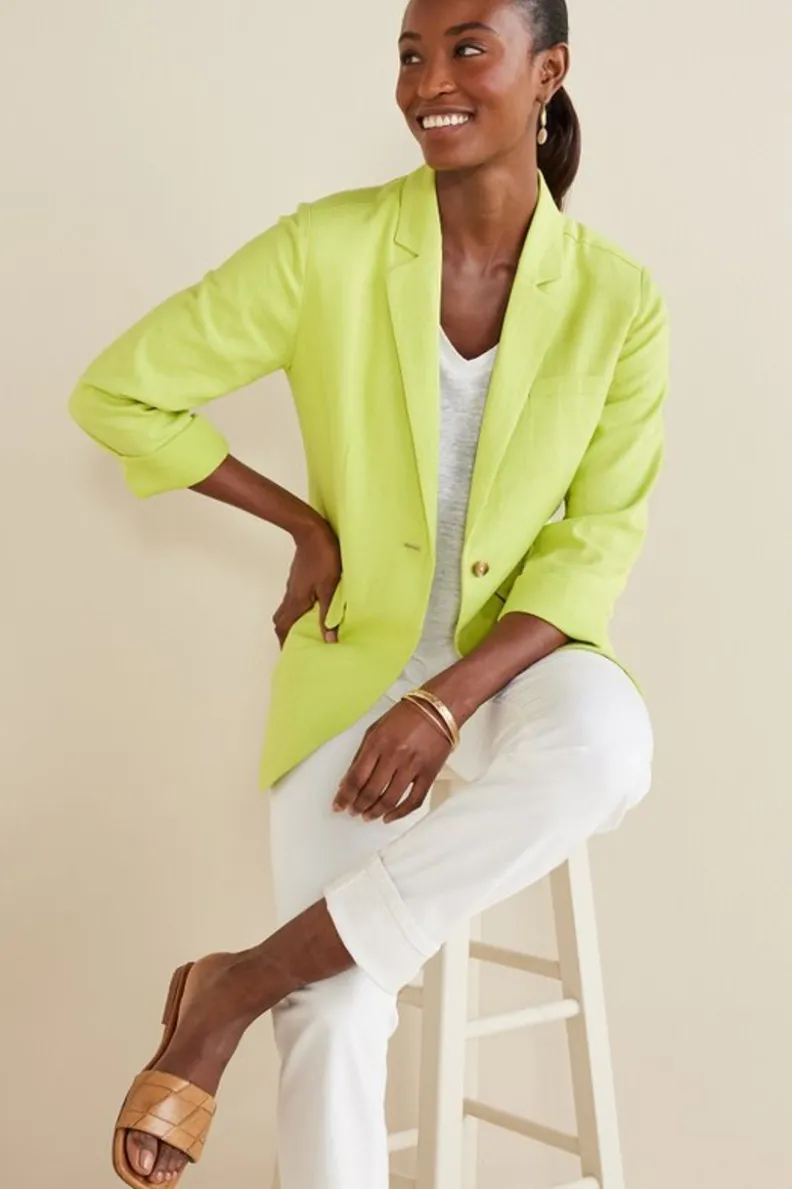 Elegante saco boyfriend Portofino en mezcla de lino · Chaqueta oversize color lima · Colección Entornos Suaves de Toppers · Estilo casual para vestidos