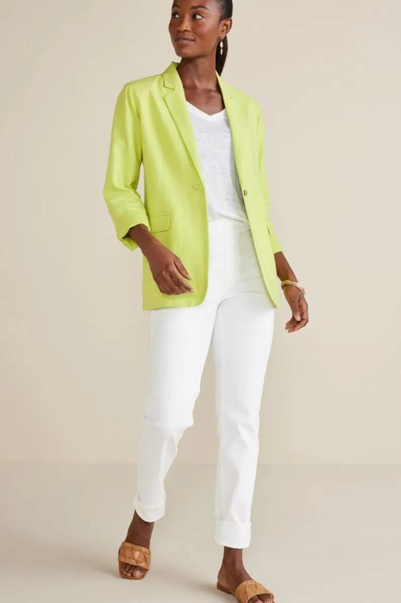 Elegante saco boyfriend Portofino en mezcla de lino · Chaqueta oversize color lima · Colección Entornos Suaves de Toppers · Estilo casual para vestidos
