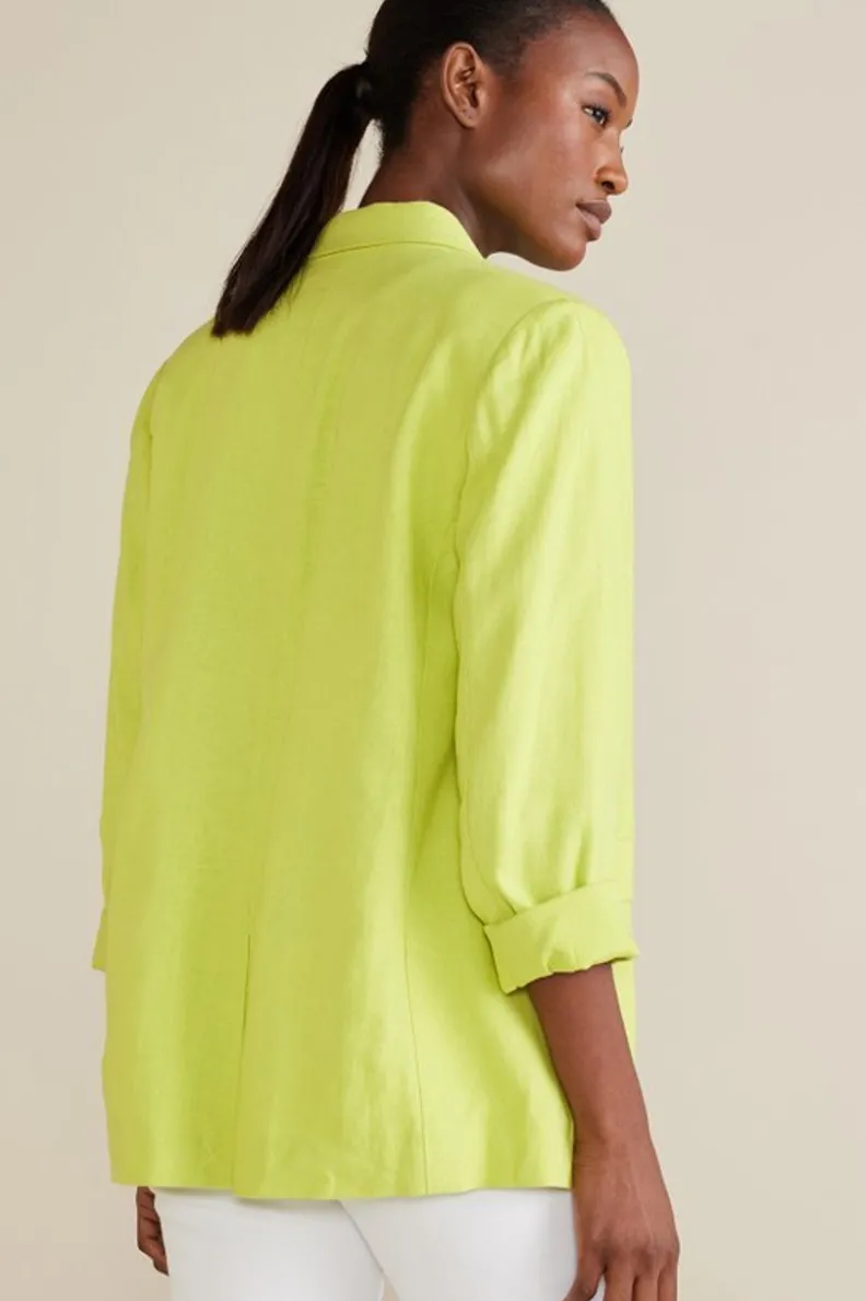 Elegante saco boyfriend Portofino en mezcla de lino · Chaqueta oversize color lima · Colección Entornos Suaves de Toppers · Estilo casual para vestidos