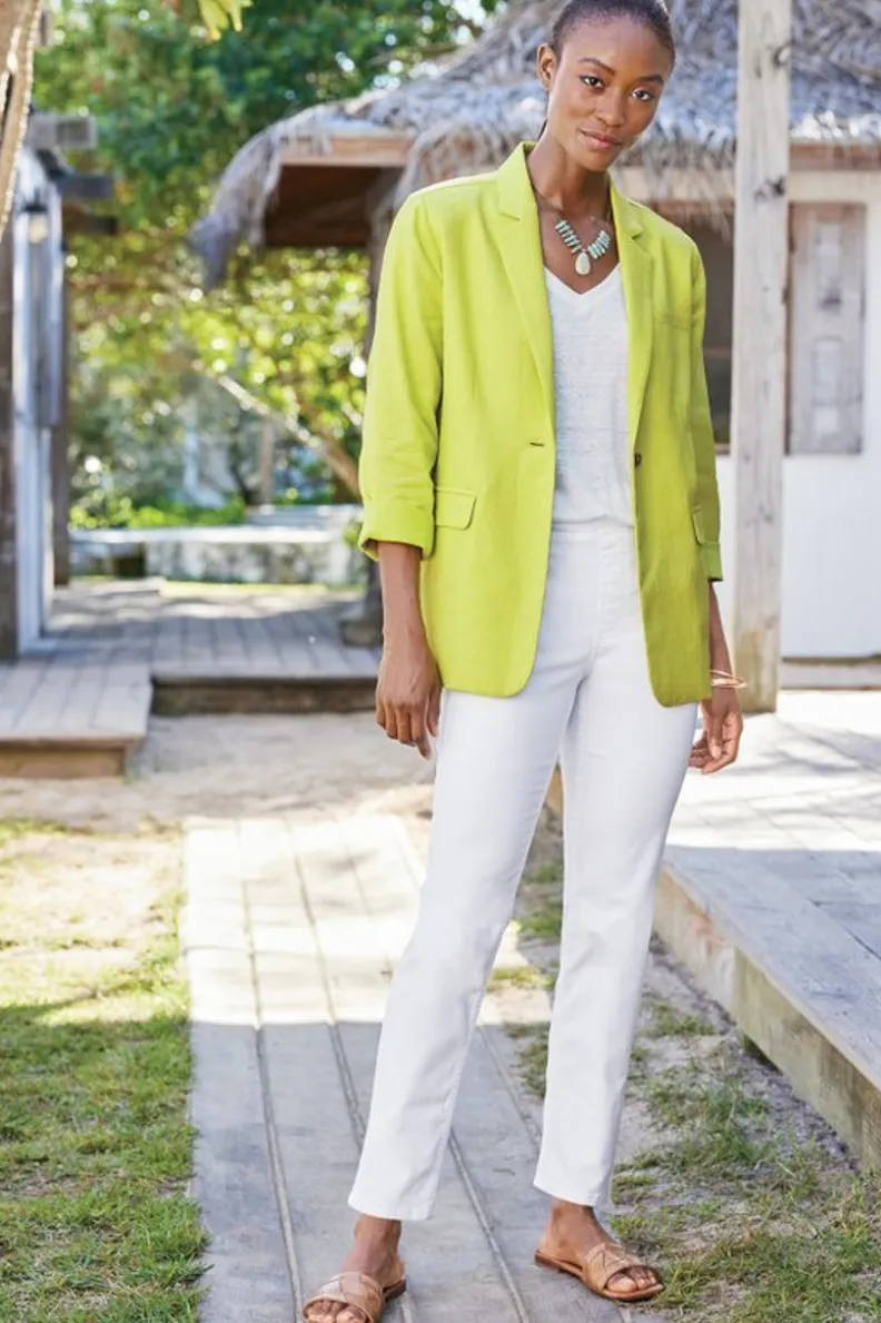 Elegante saco boyfriend Portofino en mezcla de lino · Chaqueta oversize color lima · Colección Entornos Suaves de Toppers · Estilo casual para vestidos