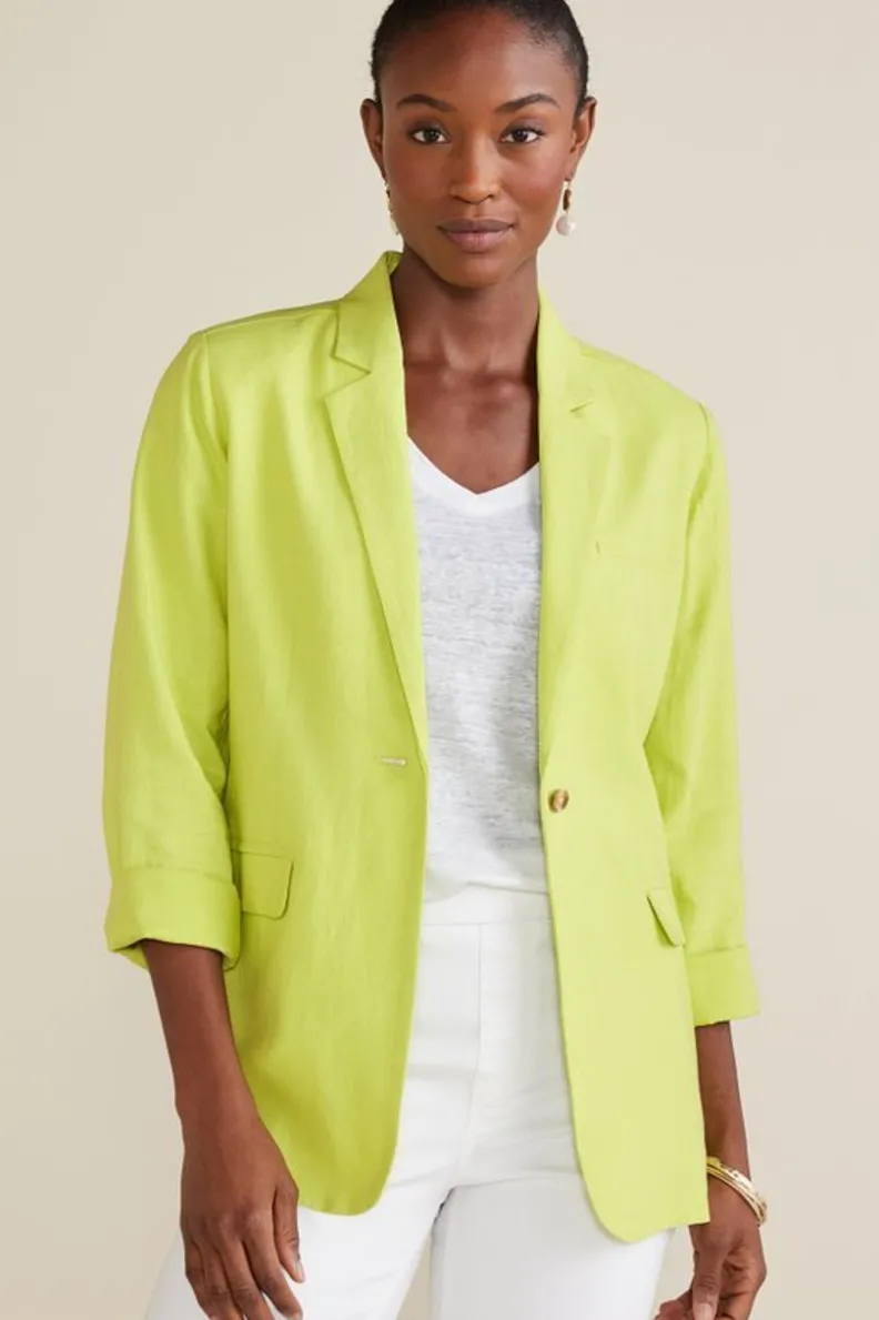 Elegante saco boyfriend Portofino en mezcla de lino · Chaqueta oversize color lima · Colección Entornos Suaves de Toppers · Estilo casual para vestidos