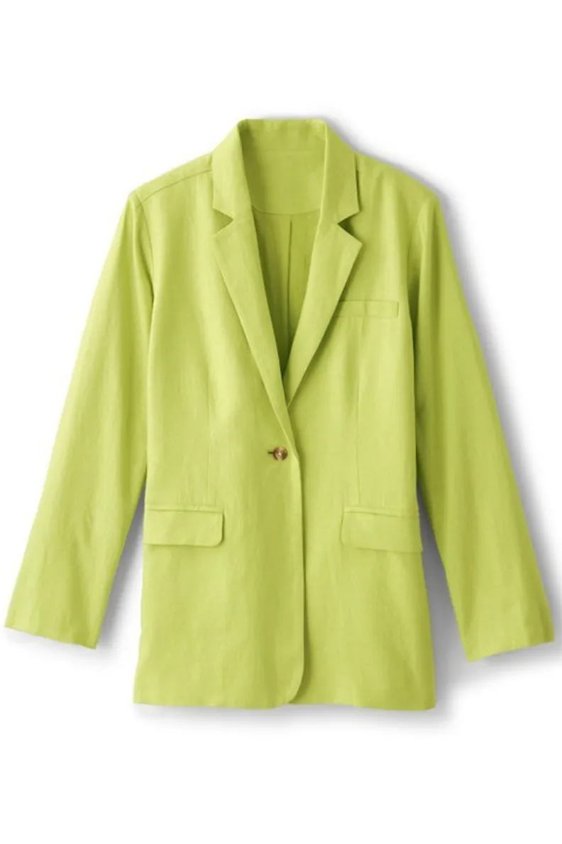 Elegante saco boyfriend Portofino en mezcla de lino · Chaqueta oversize color lima · Colección Entornos Suaves de Toppers · Estilo casual para vestidos