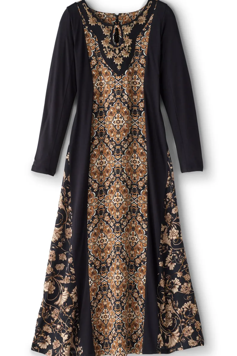 Vestido Largo Priska de Soft Surroundings - Elegancia Otoñal con Estampado Tile y Confort Acolchado