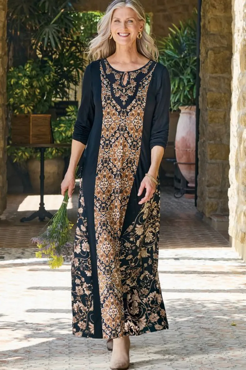 Vestido Largo Priska de Soft Surroundings - Elegancia Otoñal con Estampado Tile y Confort Acolchado