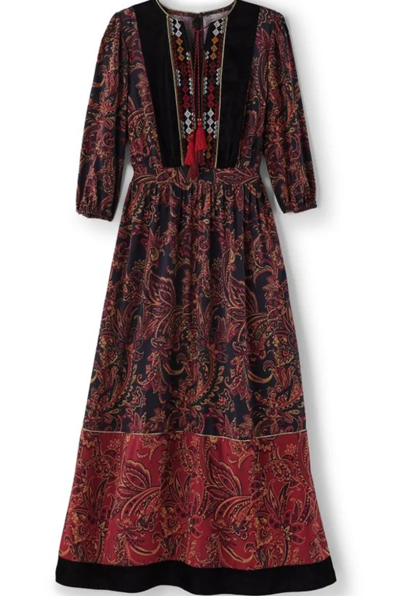 Vestido largo Quinn de Soft Surroundings - Estampado paisley ondulante en tonos negro y granate