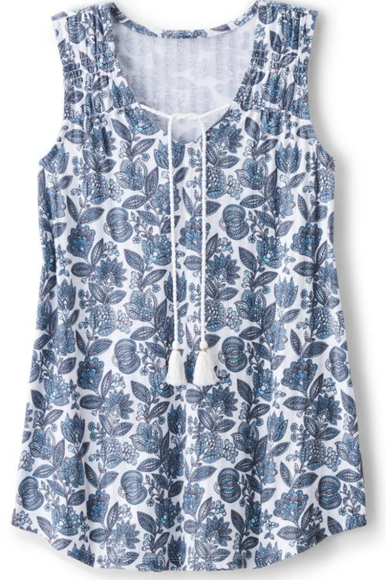 Camiseta Roxie de Soft Surroundings - Estampado floral bohemio con detalles de encaje en blanco hueso