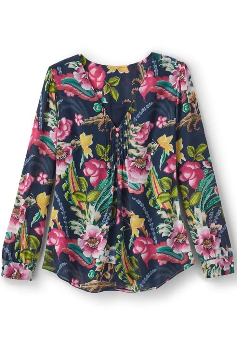 Blusa Samantha Georgette de Entornos Suaves - Estampado Paisley en Azul Marino para Looks Casuales y Elegantes