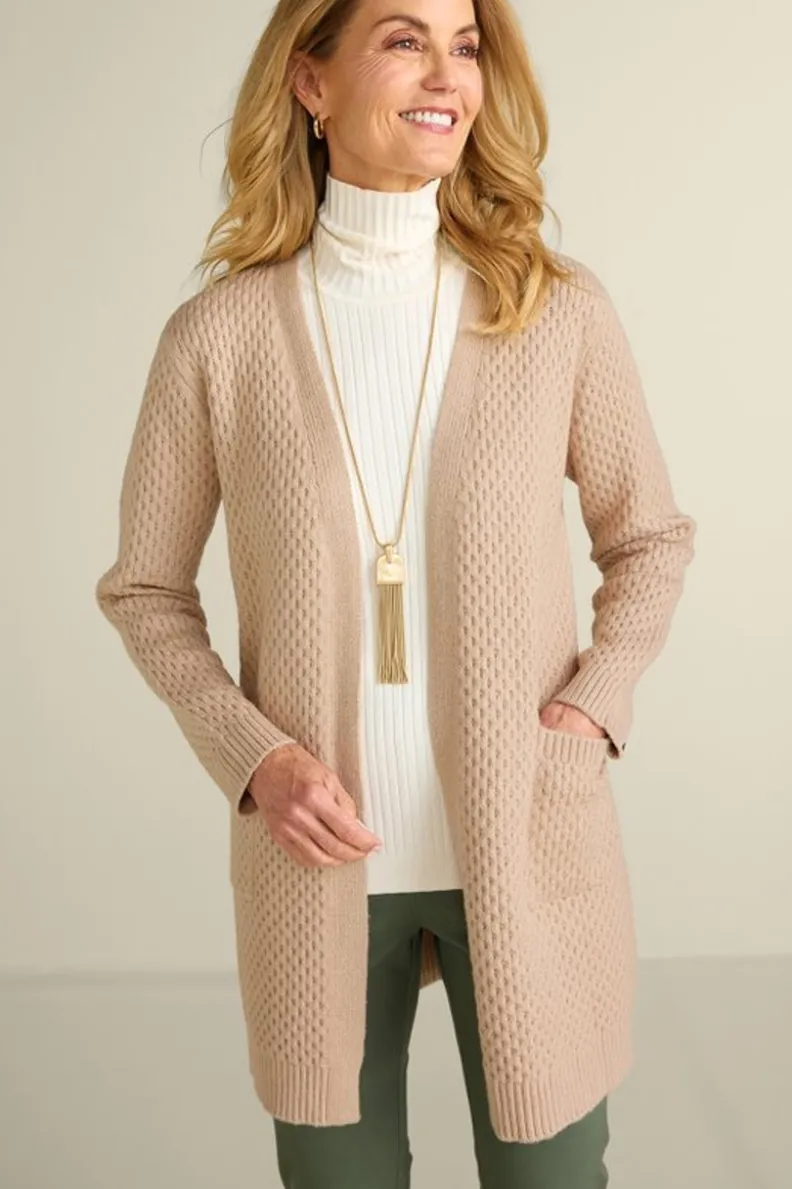 Cárdigan largo Scarlett en tono arena multicolor - Abrigo ligero de punto suave | Colección de suéteres y cardigans elegantes por Soft Surroundings