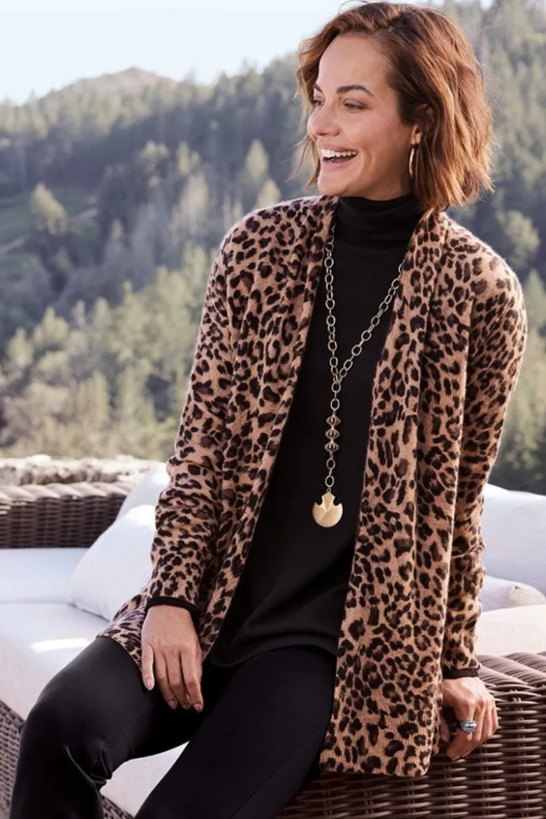 Soft Surroundings - Cárdigan Sibyl en Cachemira Estampado Leopardo Elegante, Lujo Suave para Tops y Abrigos Versátiles