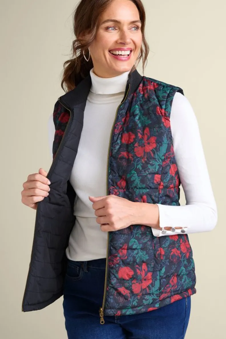 Chaleco Reversible Sienna de Soft Surroundings - Abrigo Acolchado en Dos Tonalidades: Flores Salvajes y Negro Envejecido