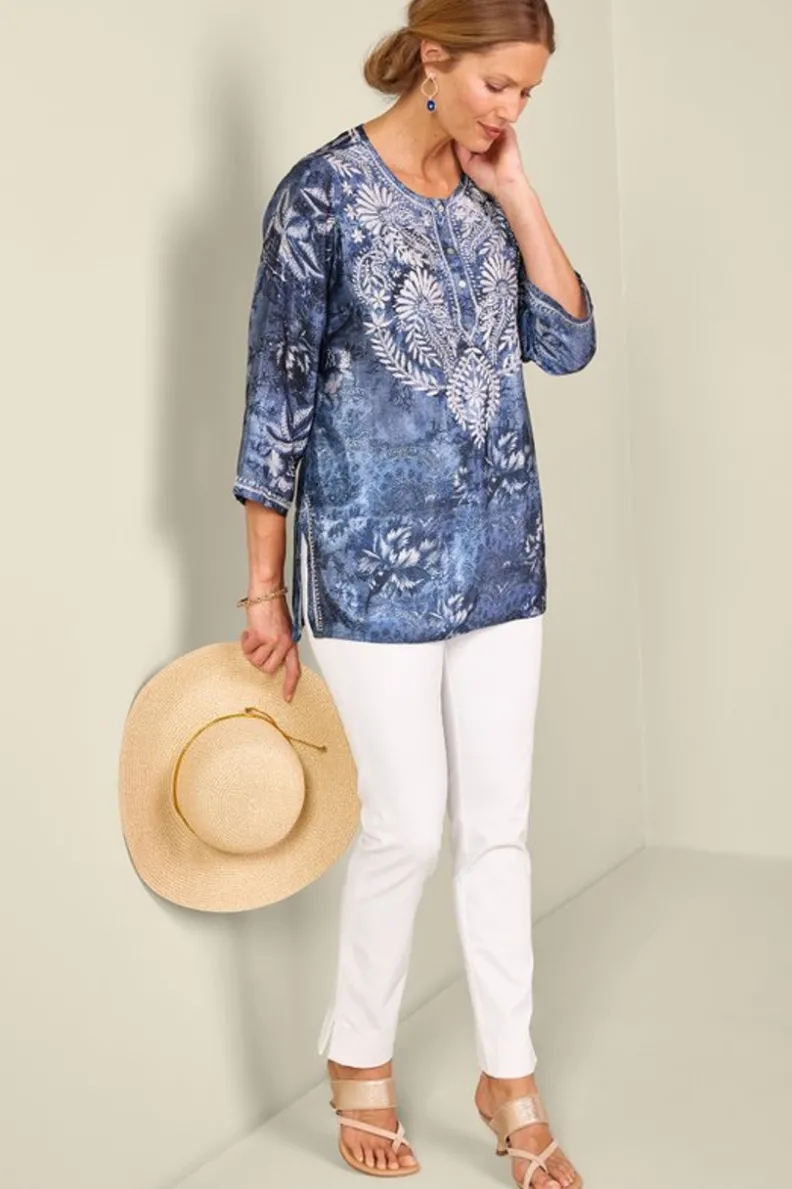 Túnica Bordada Silvia en Azul Multicolor - Conjuntos Cómodos con Estilo Único de Soft Surroundings
