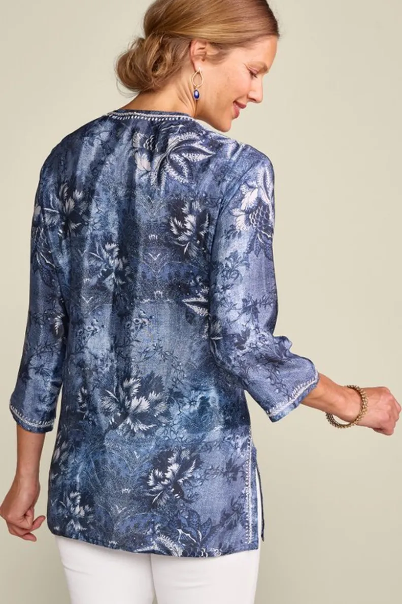 Túnica Bordada Silvia en Azul Multicolor - Conjuntos Cómodos con Estilo Único de Soft Surroundings