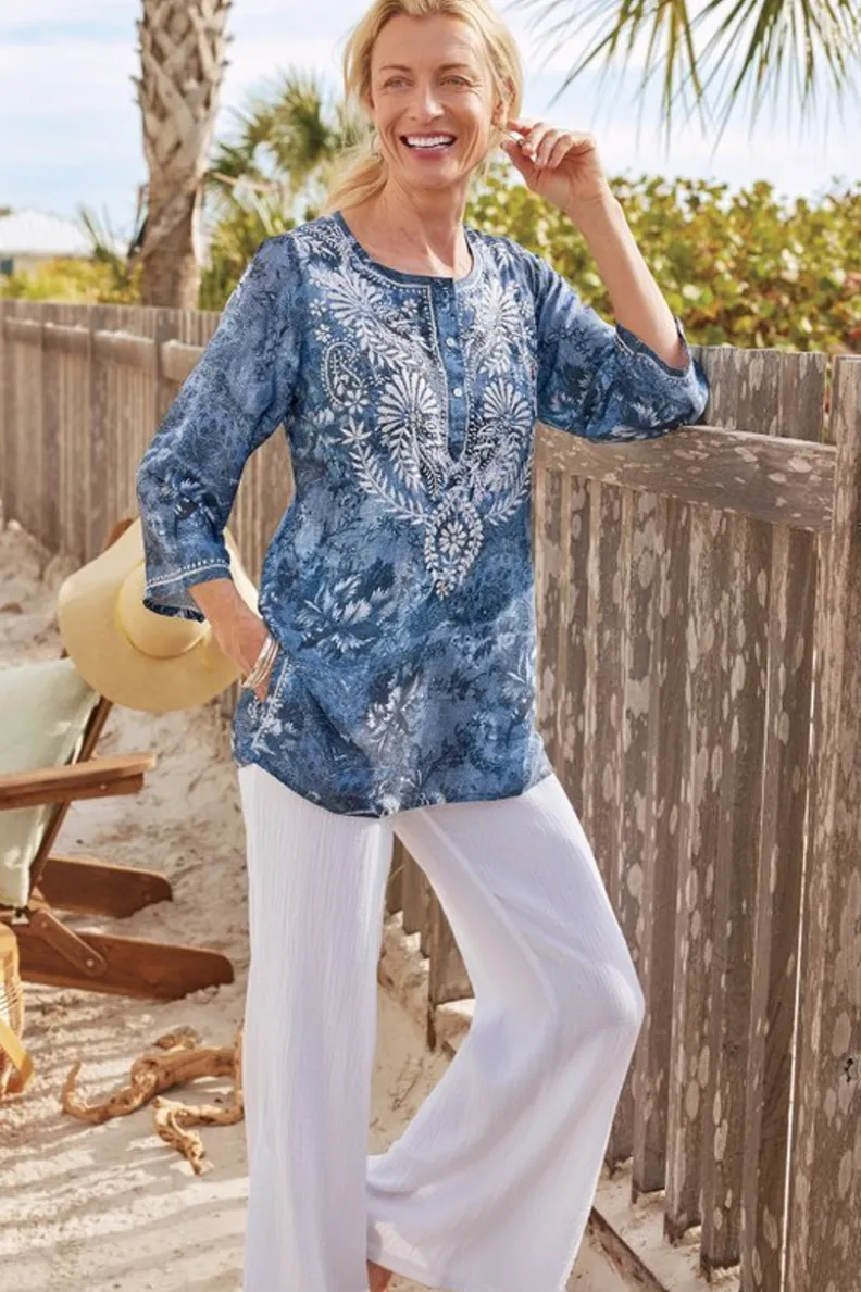 Túnica Bordada Silvia en Azul Multicolor - Conjuntos Cómodos con Estilo Único de Soft Surroundings