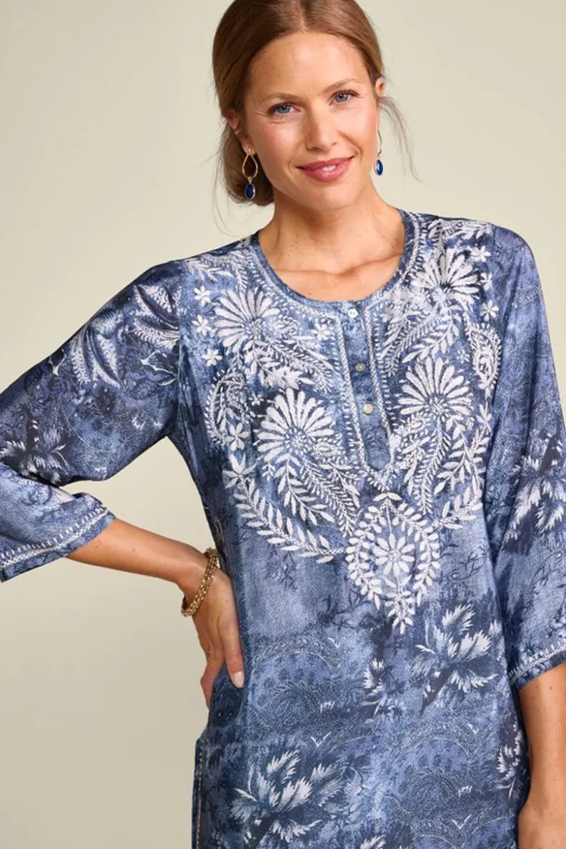Túnica Bordada Silvia en Azul Multicolor - Conjuntos Cómodos con Estilo Único de Soft Surroundings