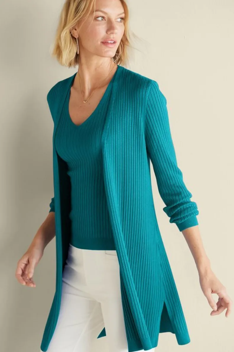 Suéter Cardigán Largo Acanalado Básico - Abrigo de Invierno Cómodo con Tejido Suave | Colección Essenciales de Soft Surroundings