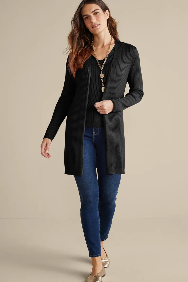 Suéter Cardigán Largo Acanalado Básico - Abrigo de Invierno Cómodo con Tejido Suave | Colección Essenciales de Soft Surroundings