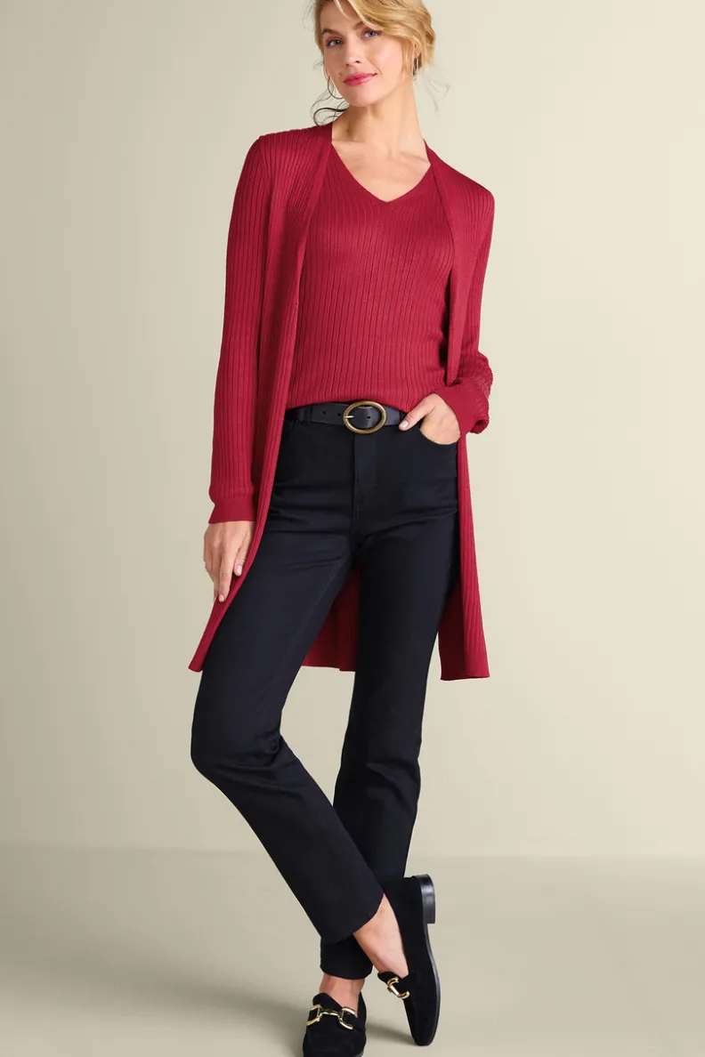 Suéter Cardigán Largo Acanalado Básico - Abrigo de Invierno Cómodo con Tejido Suave | Colección Essenciales de Soft Surroundings