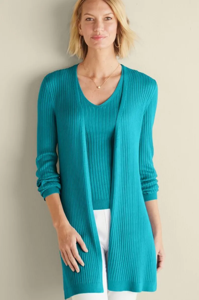 Suéter Cardigán Largo Acanalado Básico - Abrigo de Invierno Cómodo con Tejido Suave | Colección Essenciales de Soft Surroundings