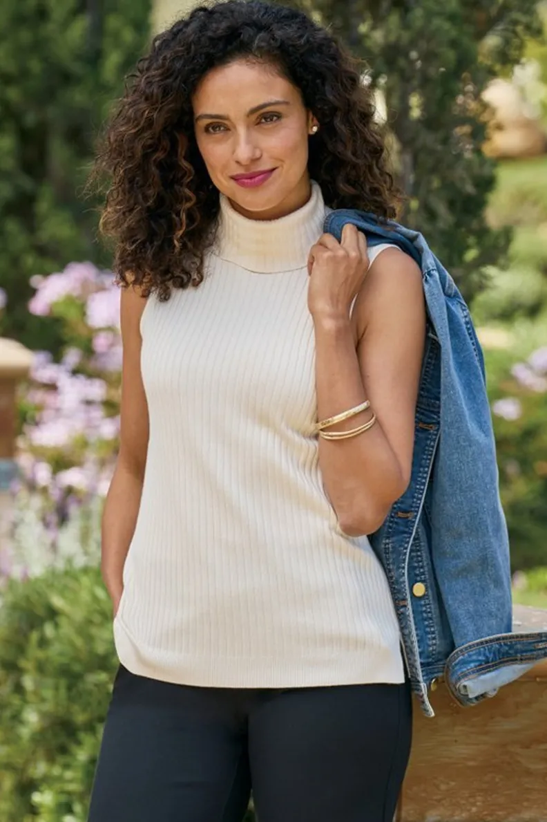 Soft Surroundings - Camiseta Esencial Suave con Cuello Alto Acanalado y Detalle Sin Mangas | Blusas, Suéteres y Cardigans