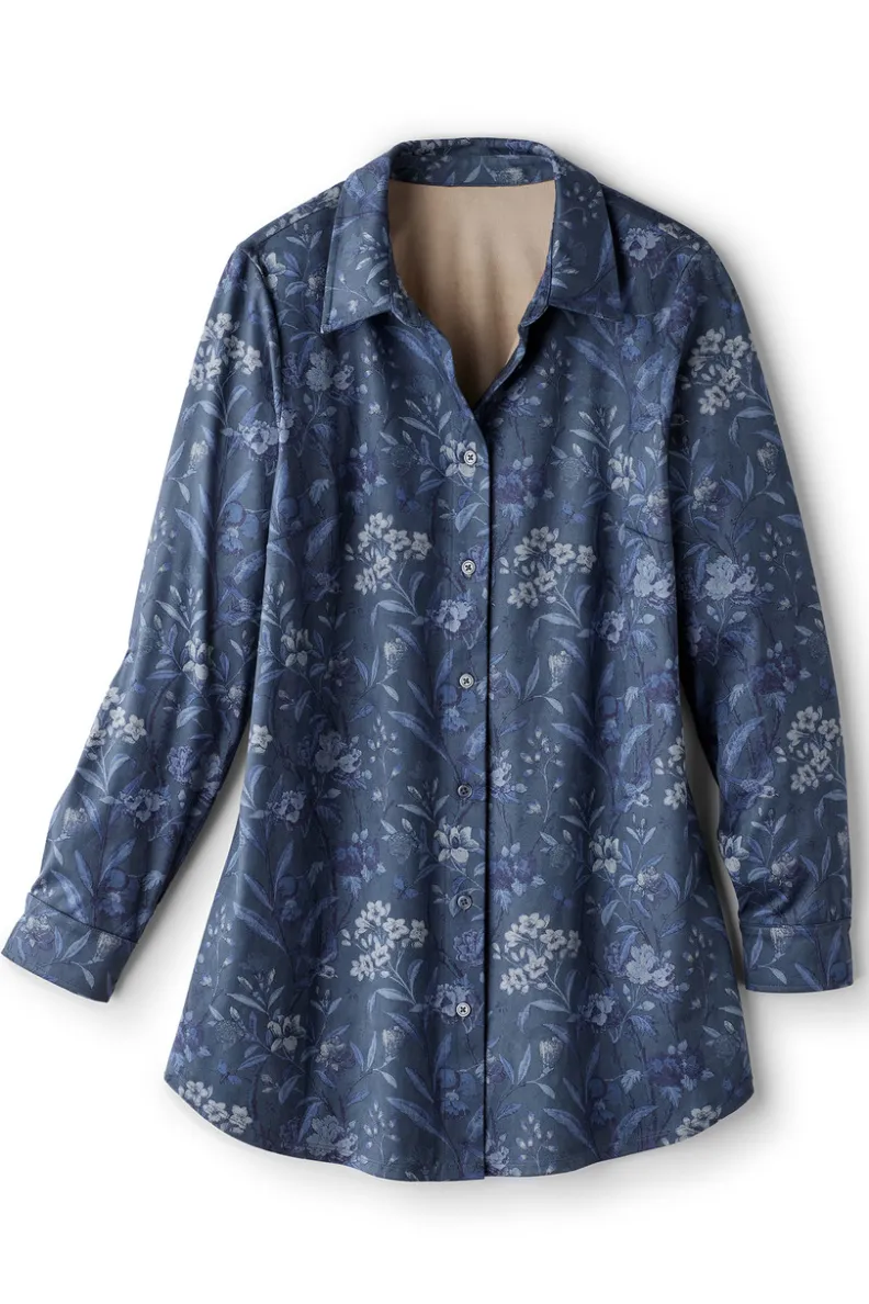 Camisa Túnica Boyfriend en Piel Sintética Elástica - Estilo Relajado con Diseño Botánico y Aviario | Soft Surroundings Collection