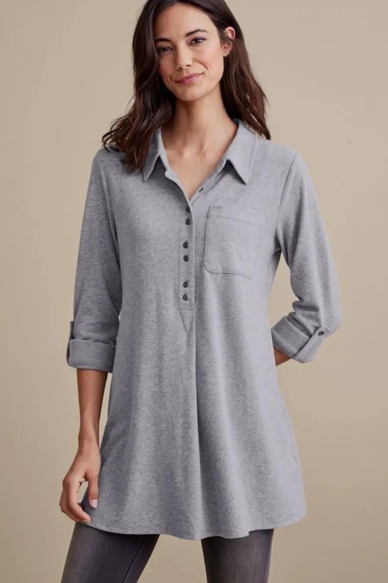 Diseño Soft Surroundings: Top Relajado en Gris Jaspeado Mediano - Talla Media para Máximo Confort Diario