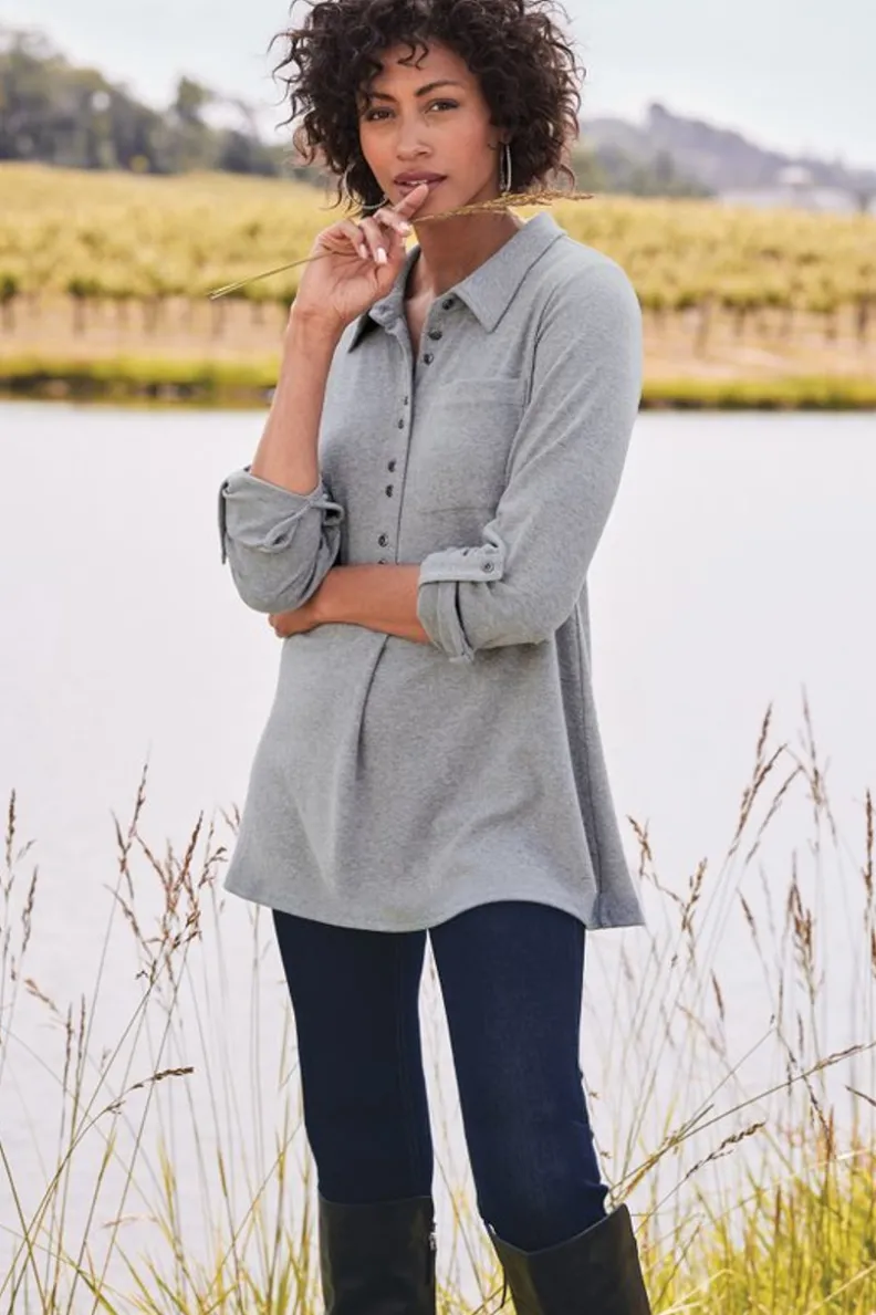 Diseño Soft Surroundings: Top Relajado en Gris Jaspeado Mediano - Talla Media para Máximo Confort Diario