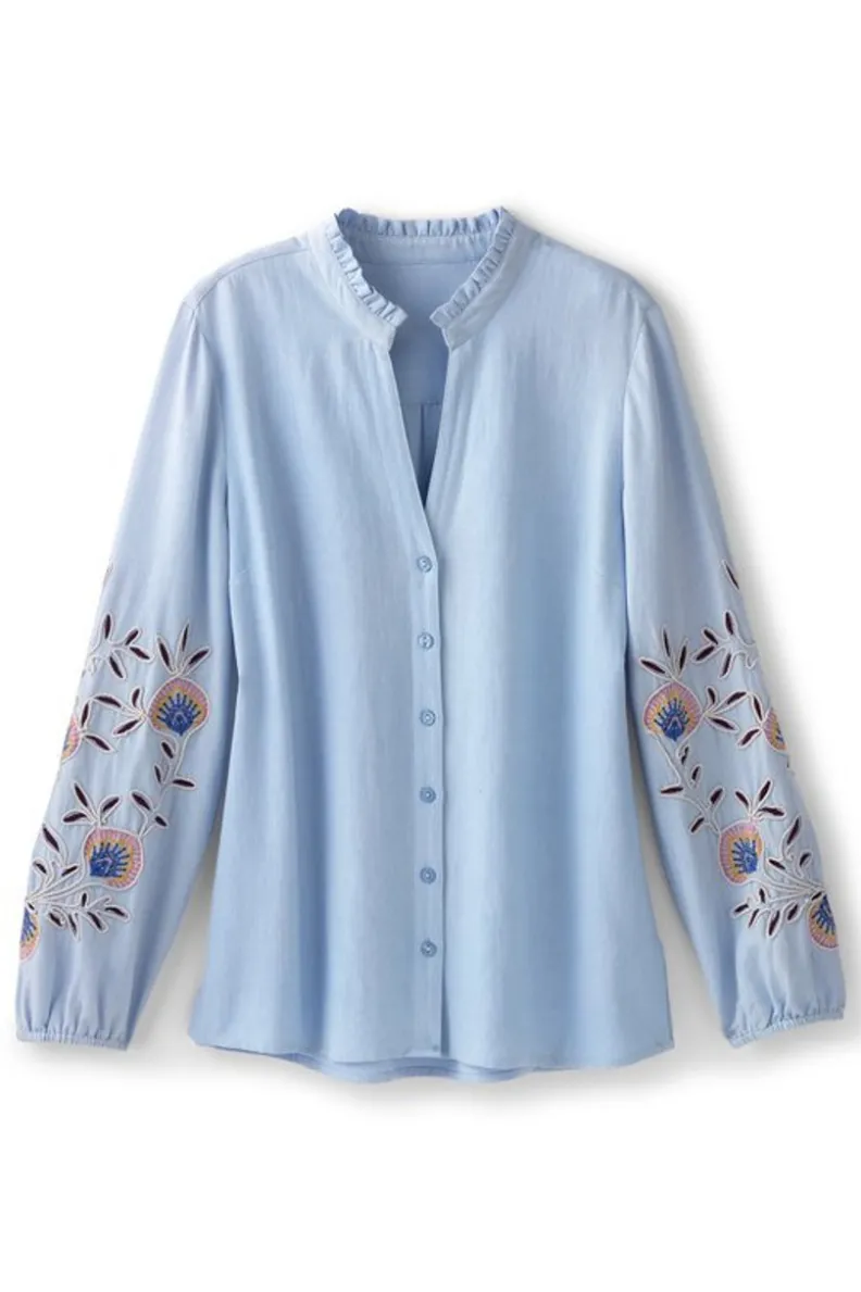 Blusa Boho Bordada a Mano - Diseño Titania en Azul Chambray de Soft Surroundings con Detalles Únicos