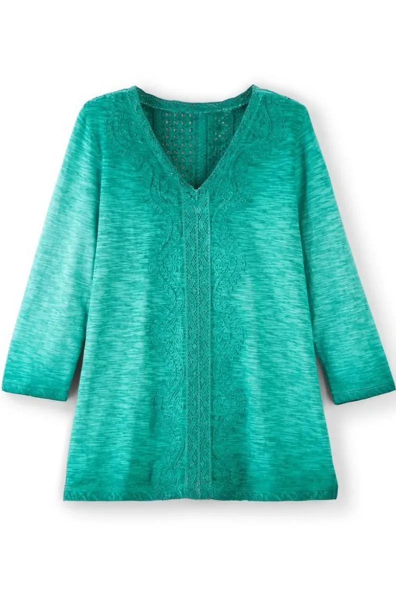 Blusa de Encaje Trevi en Verde Esmeralda - Diseño Fresco y Elegante de Tops Soft Surroundings