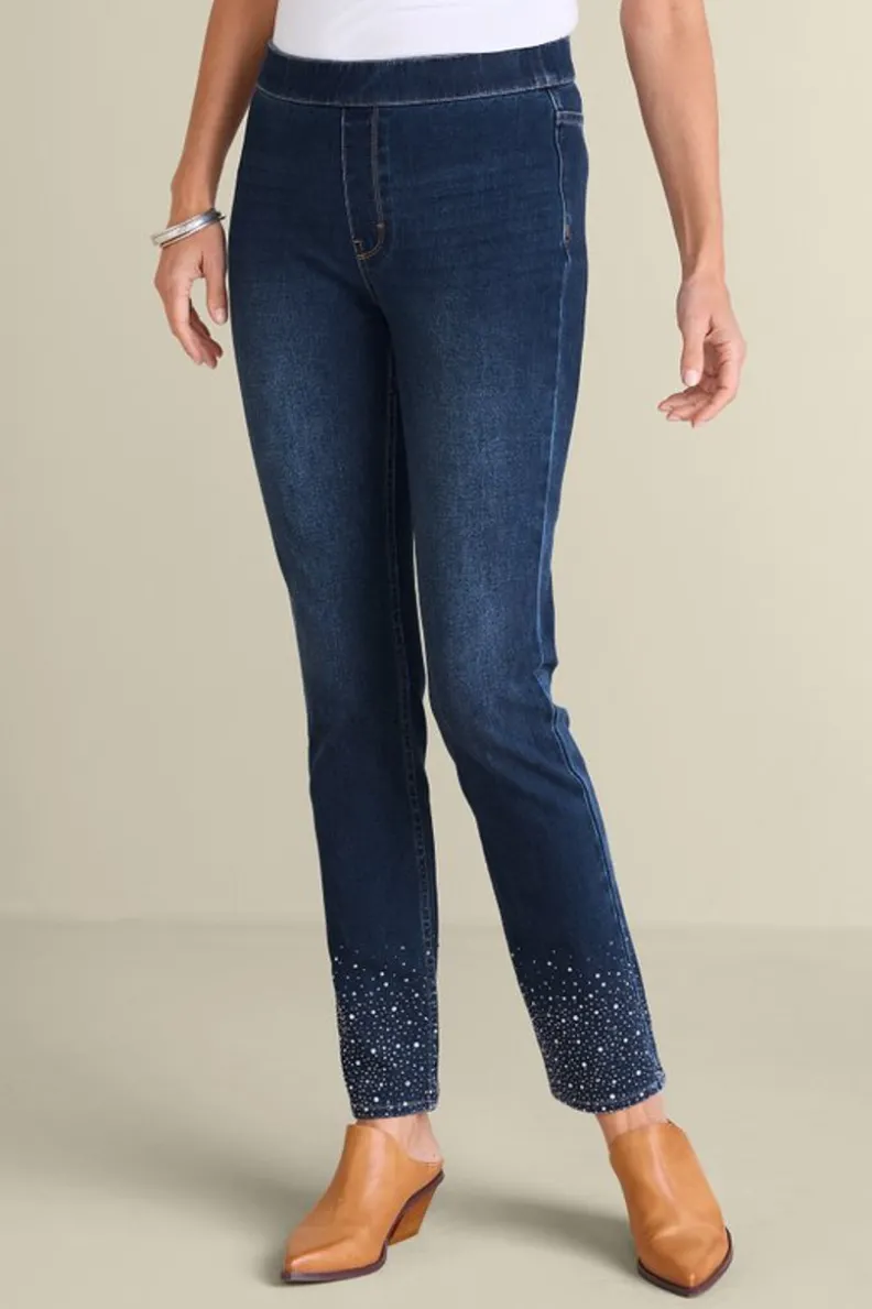 Pantalones Vaqueros Soft Surroundings: Corte Slim Elástico con Detalles Cristal y Lavado Río Desgastado - Comodidad Premium en Denim