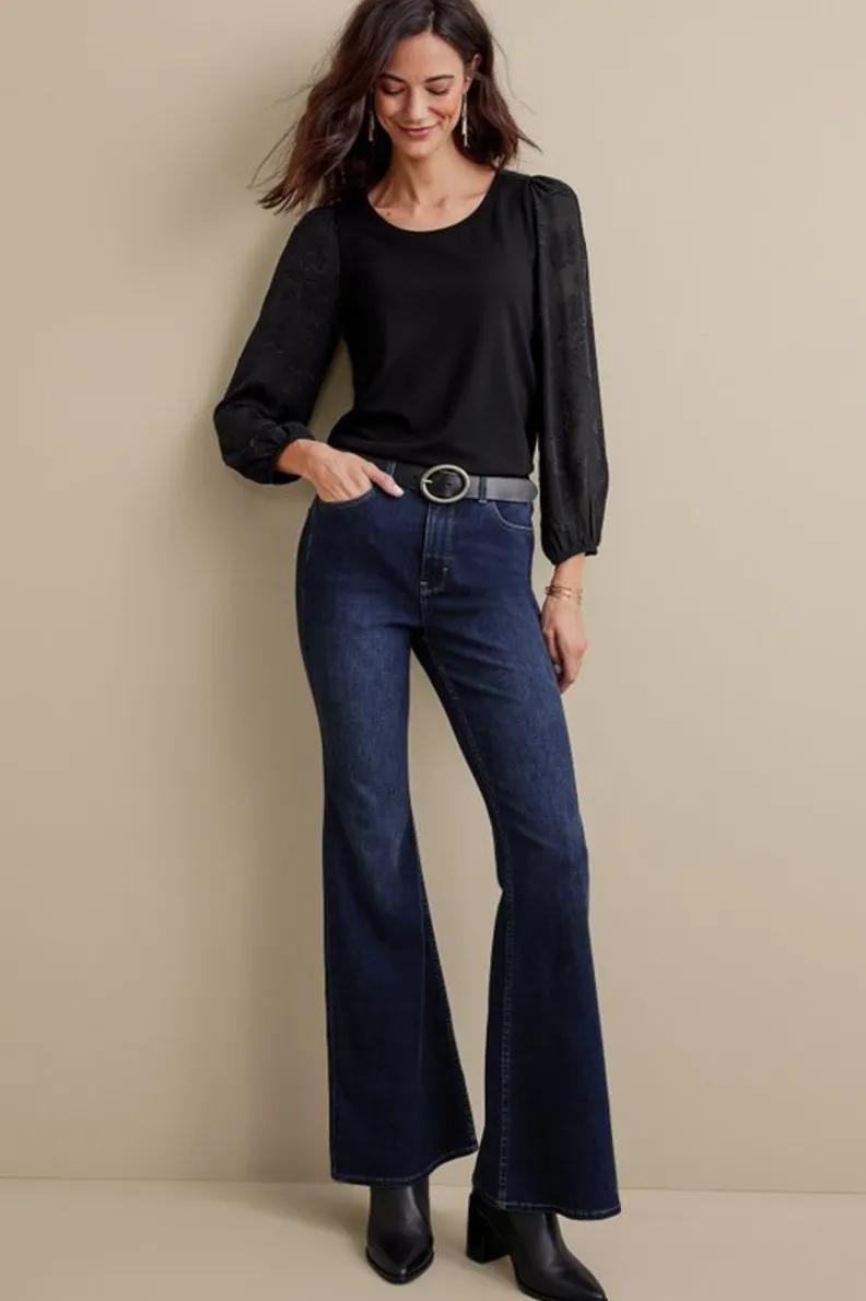 Soft Surroundings - Pantalones Acampanados en Denim Premium con Lavado Azul Marino, Estilo Clásico y Ajuste Cómodo