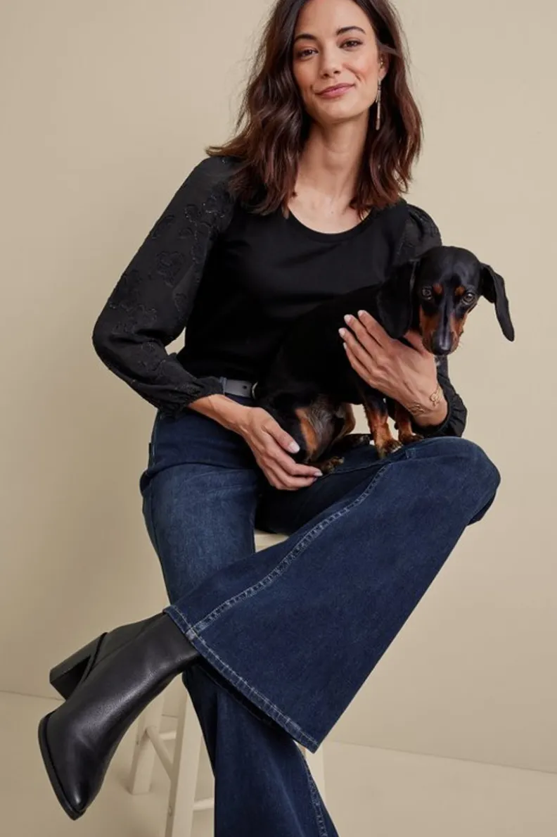 Soft Surroundings - Pantalones Acampanados en Denim Premium con Lavado Azul Marino, Estilo Clásico y Ajuste Cómodo