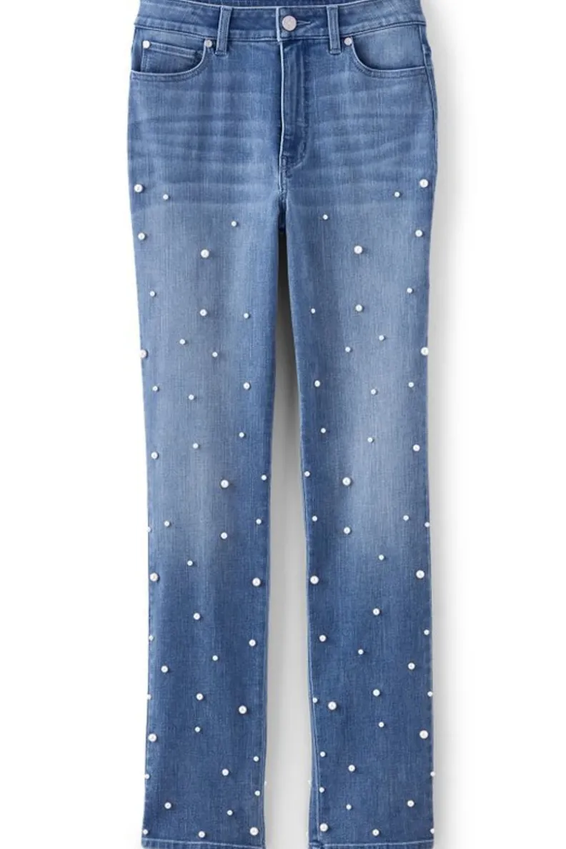 Jeans rectos perla en lavado azul helado - Soft Surroundings Denim Ultimate con detalles premium