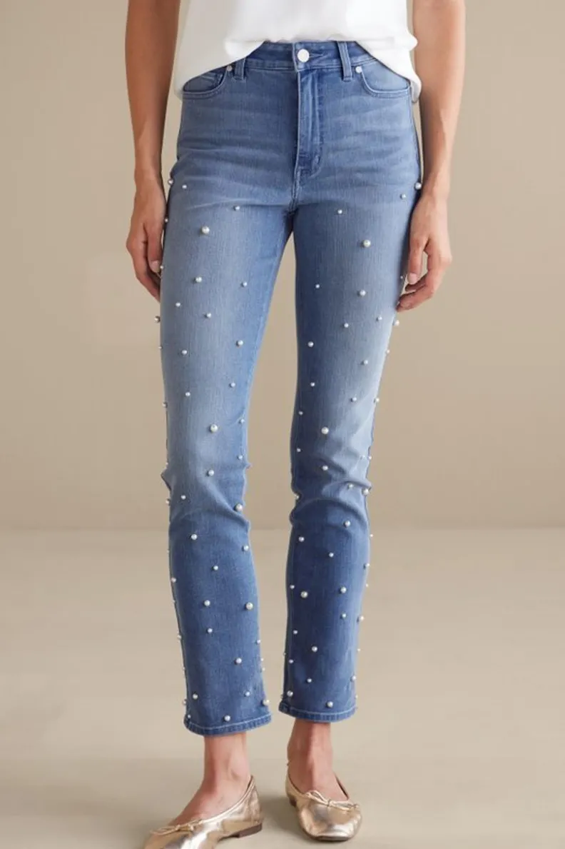 Jeans rectos perla en lavado azul helado - Soft Surroundings Denim Ultimate con detalles premium