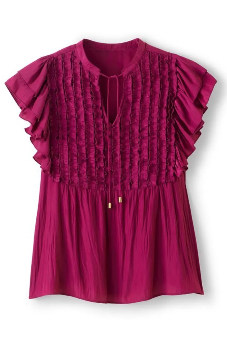 Blusa de Victoria con Volantes by Soft Surroundings - Túnica Primaveral en Tono Sangría con Detalles Elegantes para Estilo Casual y Fresco