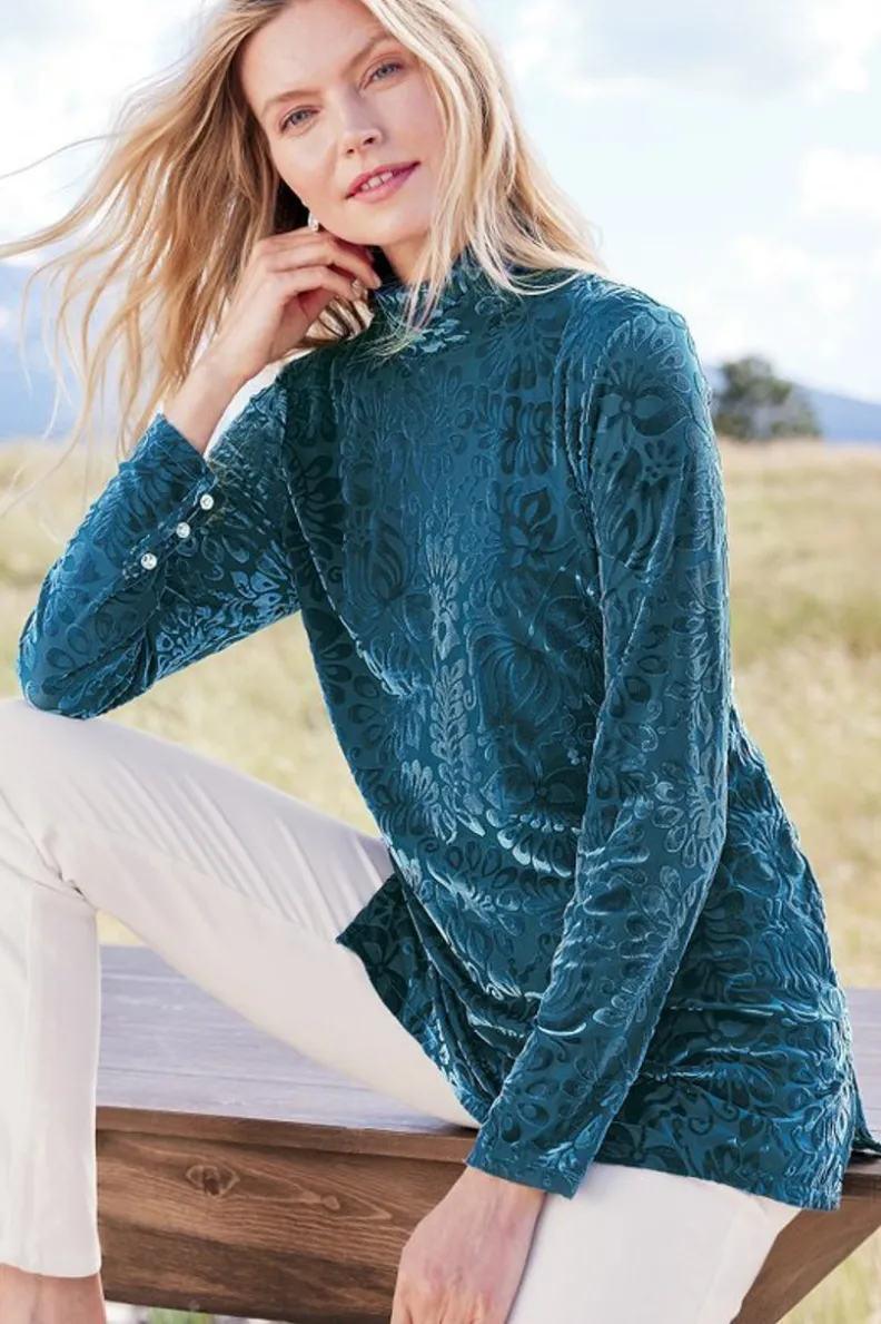 Jersey Walden de Terciopelo Suave - Cuello Alto con Detalles Elegantes | Tops-Soft Surroundings
