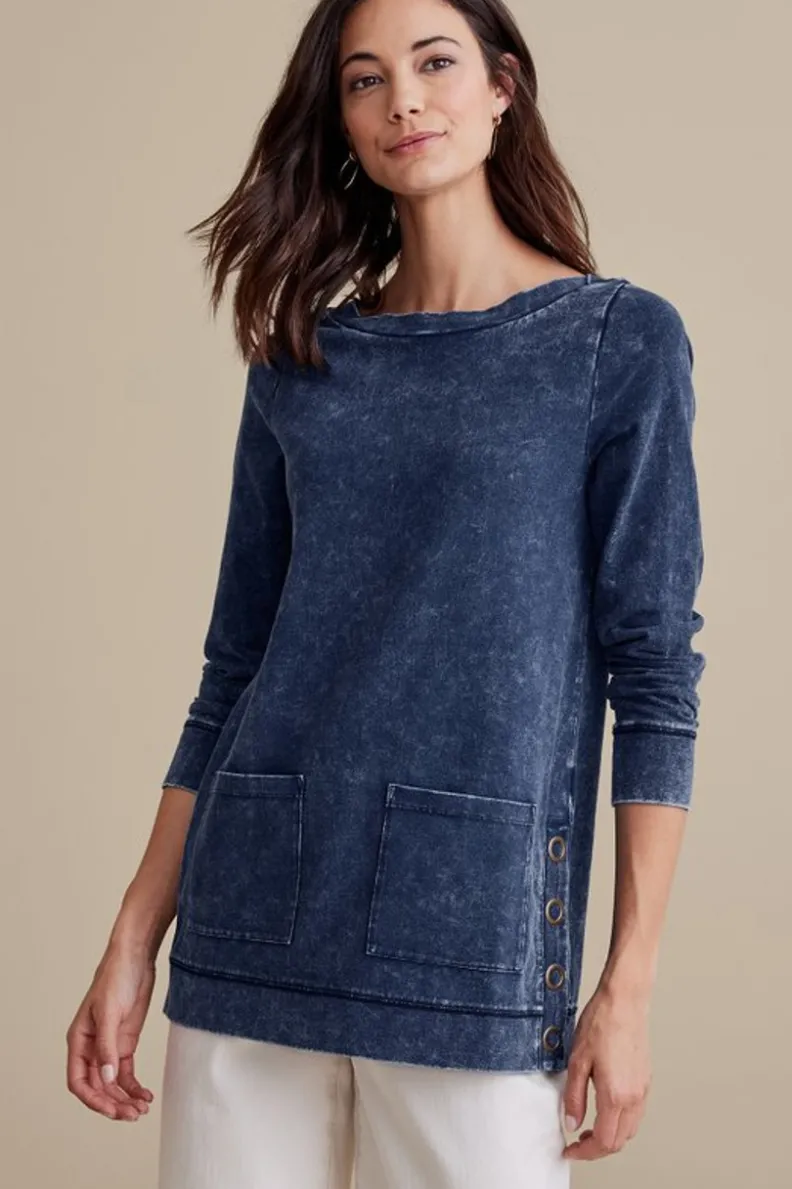 Soft Surroundings - Suéter Lavado Azul Denim con Corte Rápido y Tejido Ultra Suave