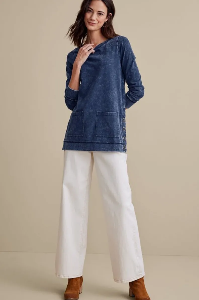 Soft Surroundings - Suéter Lavado Azul Denim con Corte Rápido y Tejido Ultra Suave