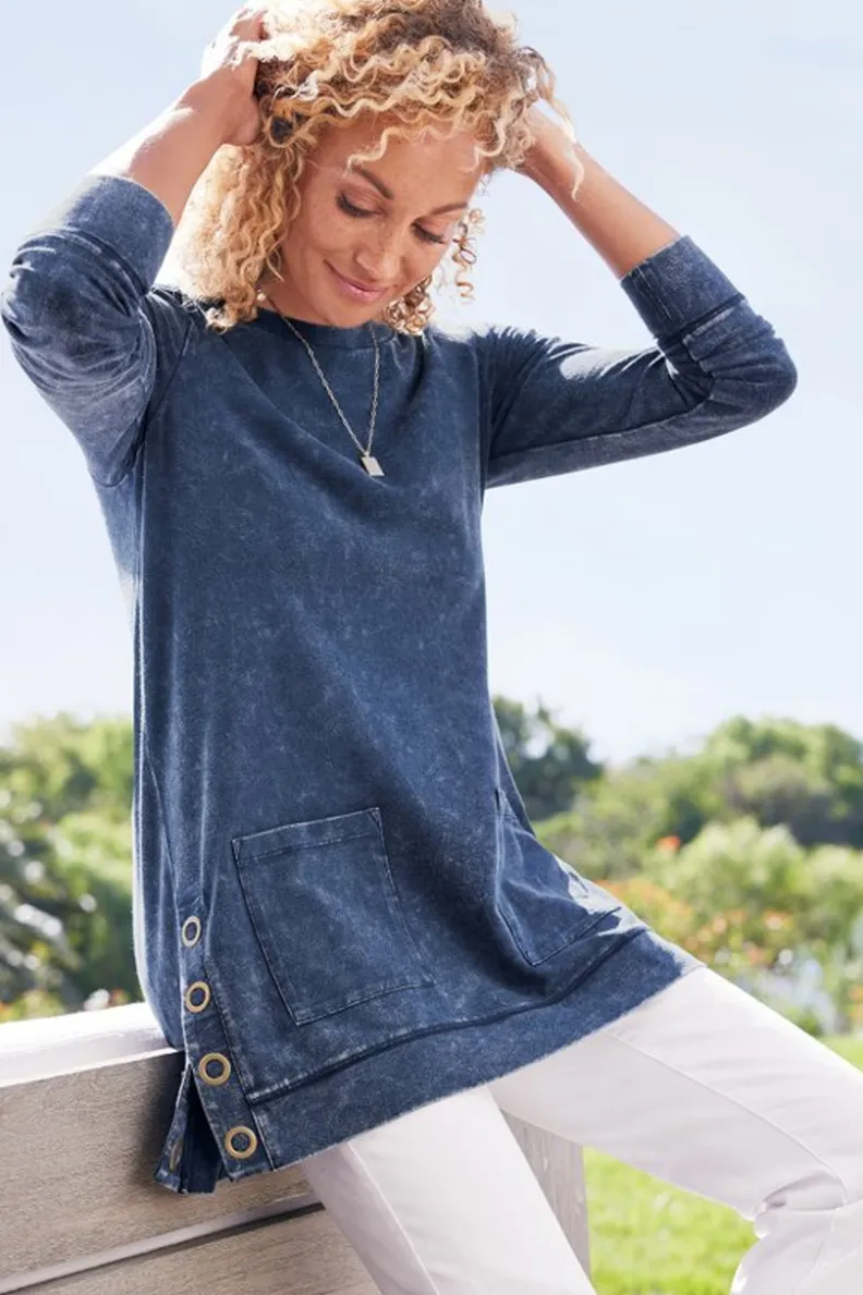 Soft Surroundings - Suéter Lavado Azul Denim con Corte Rápido y Tejido Ultra Suave