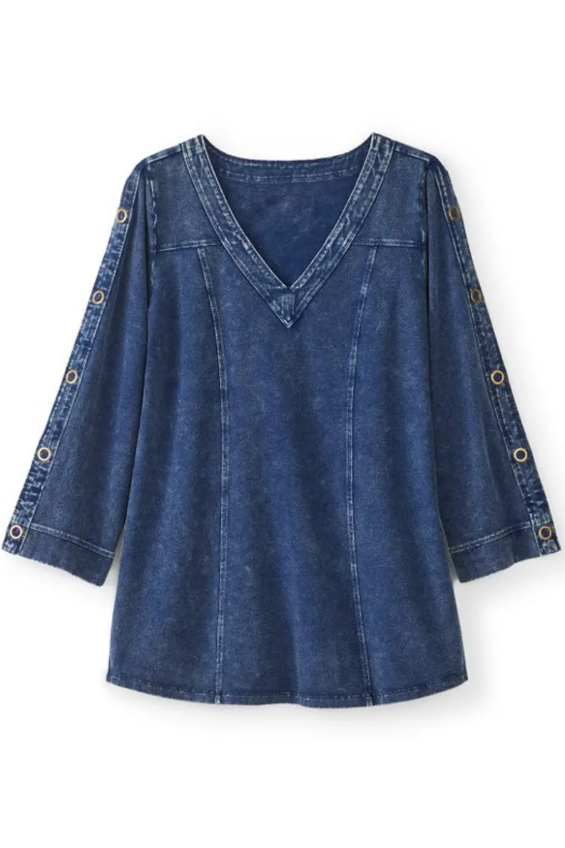 Blusas | Túnicas Casuales - Túnica Wilma en Denim Lavado de Punto Suave Color Azul Marino | Soft Surroundings