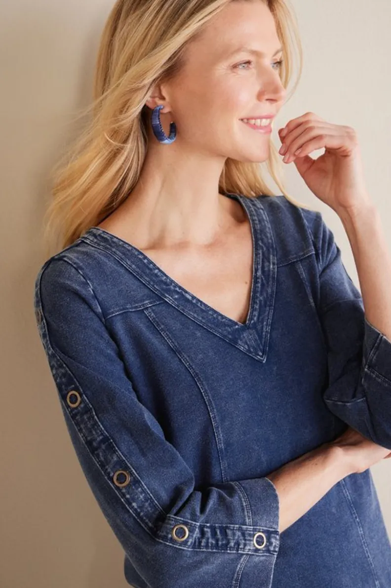 Blusas | Túnicas Casuales - Túnica Wilma en Denim Lavado de Punto Suave Color Azul Marino | Soft Surroundings