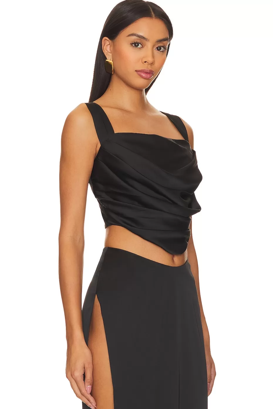 Blusa elegante de satén con brillo sedoso - Colección colaborativa Lovers + Friends y Rachel Adle | Corte halter moderno con detalle drapeado en espalda