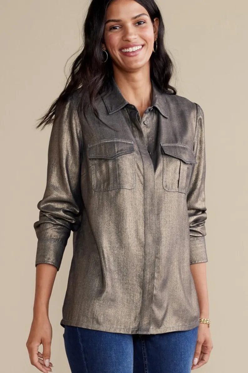 Blusa Zafina en Oro Brillante - Acompañamiento Suave con Toques Metálicos
