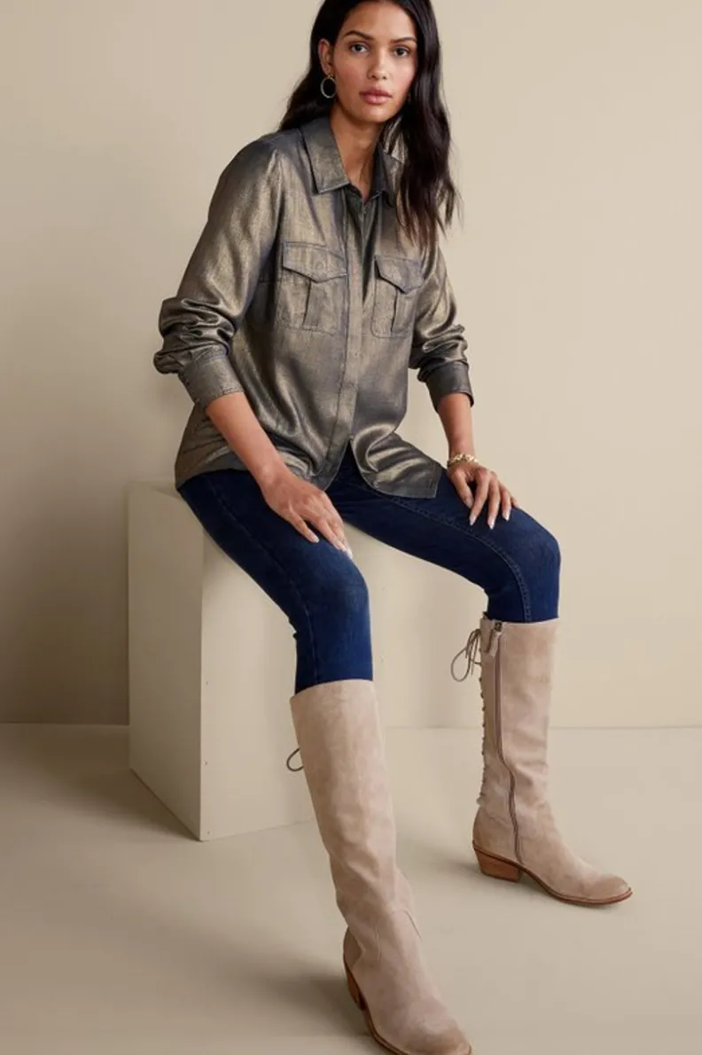 Blusa Zafina en Oro Brillante - Acompañamiento Suave con Toques Metálicos