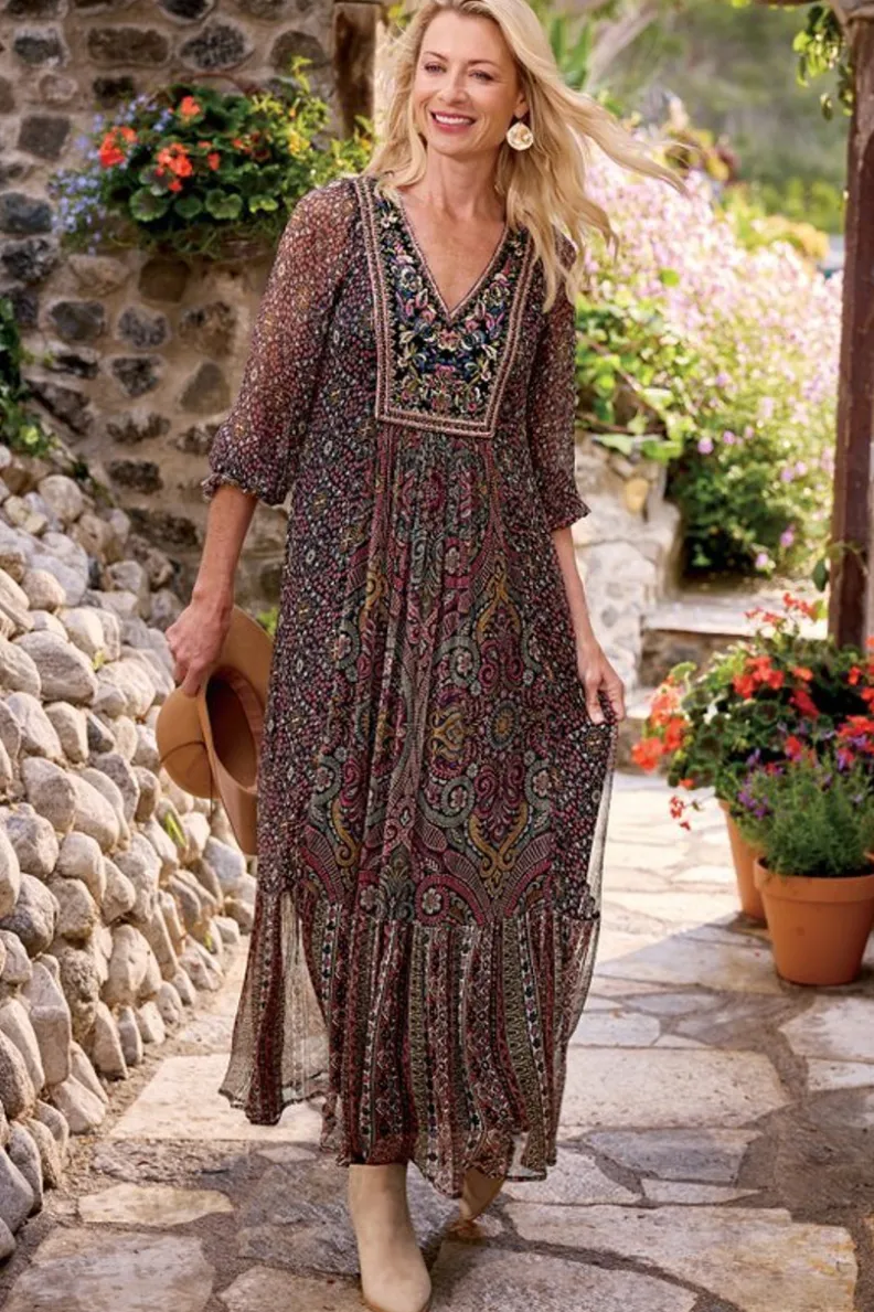 Vestidos Soft Surroundings | Vestido Largo con Estampado Zellige y Medallón Toscano - Diseño Bohemio Inspirado en la Artesanía Mediterránea