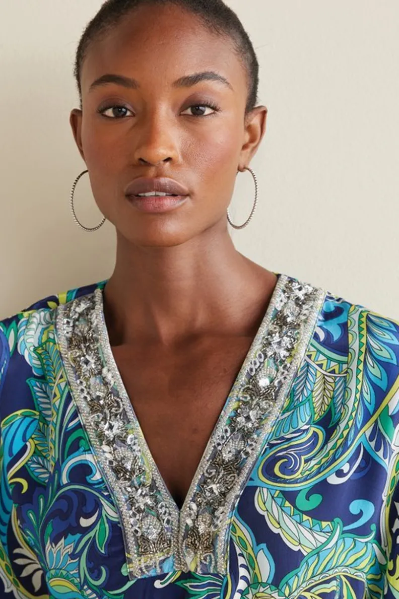 Túnica Zorica en Azul Costero - Estampado Paisley Brisa Marina | Colección Verano Soft Surroundings